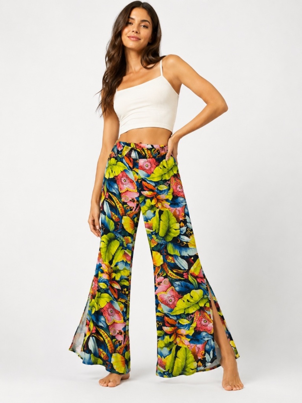 Floral Tropical Wide Leg Pants XL Flare Beach Pants Resort Boho Side Slit Flow